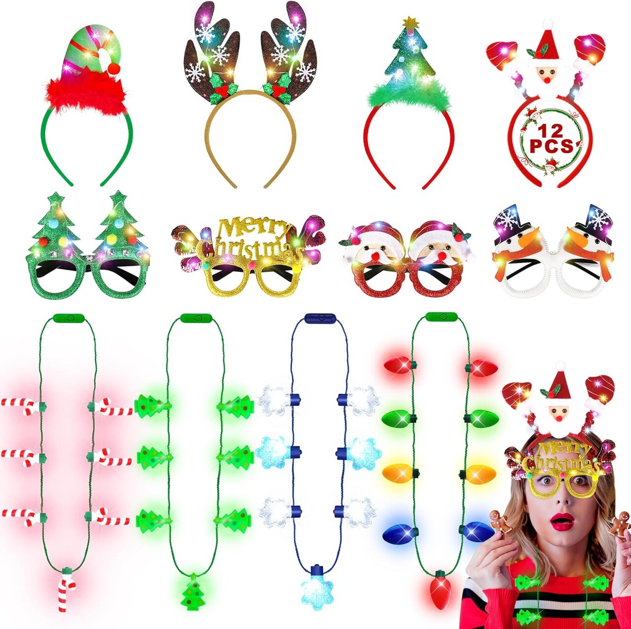 12 PCS Christmas Party Favors, Light Up Christmas Necklace Headband Glasses Set, Candy Cane Snowflake Tree Bulb Necklace LED Headband Flashing Eyeglasses for Xmas Gifts, Christmas Accessories